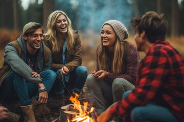 Group of friends talking and laughing around a campfire during autumn, creating warm memories and embracing companionship, generative ai