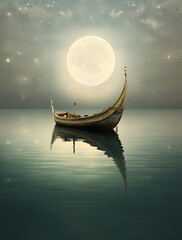Wall Mural - generative ai: lonely boat in paradisiacal and calm landscape