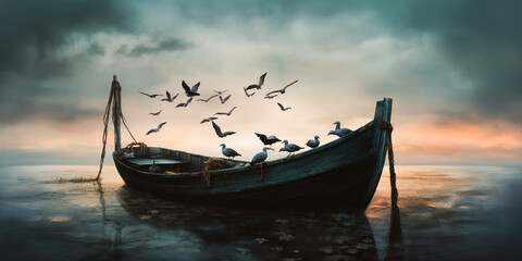 Wall Mural - generative ai: lonely boat in paradisiacal and calm landscape
