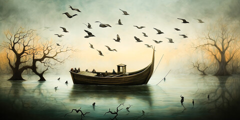 Wall Mural - generative ai: lonely boat in paradisiacal and calm landscape