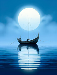 Wall Mural - generative ai: lonely boat in paradisiacal and calm landscape