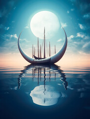 Wall Mural - generative ai: lonely boat in paradisiacal and calm landscape
