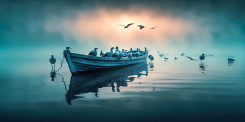 Wall Mural - generative ai: lonely boat in paradisiacal and calm landscape