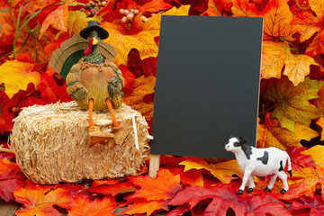Poster - Blank chalkboard sign with a turkey on a pumpkin and fall leaves