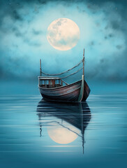 Wall Mural - generative ai: lonely boat in paradisiacal and calm landscape
