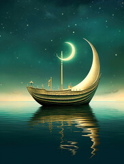 Wall Mural - generative ai: lonely boat in paradisiacal and calm landscape