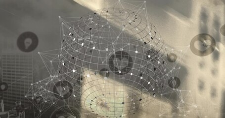 Poster - Animation of network of digital icons and spinning globe against aerial view of cityscape