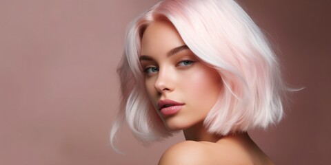 Beautiful girl hair coloring in ultra blond. Stylish hairstyle curls done in a beauty salon. Generative Ai.