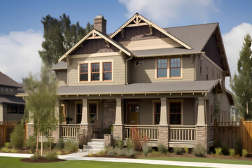 Wall Mural - Craftsman Style House - Originated in the United States in the early 20th century, characterized by low-pitched roofs, exposed rafters, and handcrafted details (Generative AI)