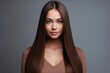 Beautiful model girl with shiny brown and straight long hair . Keratin straightening . Generative ai. Smooth hairstyle.