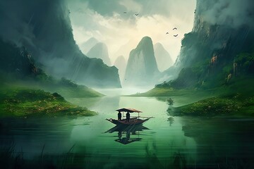 Wall Mural - boat on the river at the green mountain. generative ai.