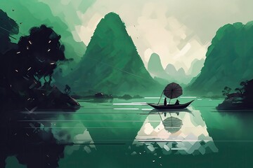 Wall Mural - boat on the river at the green mountain. generative ai.