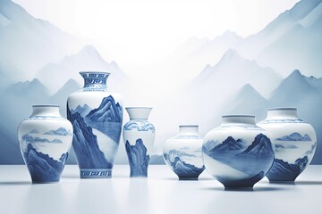 Blue and white mountain landscape vases. Generative AI.