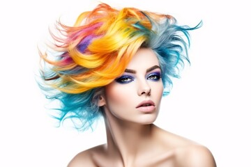 Beautiful woman with multi-colored rainbow hair and creative make up and hairstyle. Beauty face. Generative Ai.