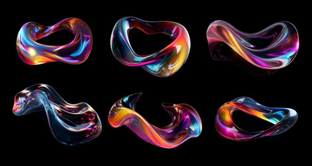 Transparent rainbow liquid flow shapes set isolated. Iridescent holographic wavy fluid glass circle substance, diffraction effect. Ai generated