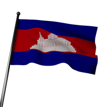 Cambodia Flag Waving On Gray Background. Blue And Red Stripes With Angkor Wat Emblem In White. Represents Cultural Heritage. Southeast Asian Nation Known For Ancient Temples, Beaches, And Culture.