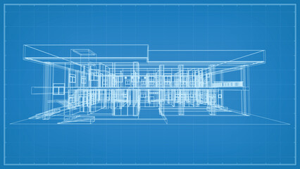 Poster - 3d perspective render of wireframe architectural construction. 3d building wireframe. vector illustr