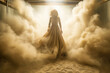 Surreal illustration of a woman silhouette surrounded by clouds of dust. Created with Generative AI technology.