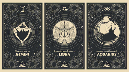 Wall Mural - gemini, libra, aquarius zodiac signs, air element, set of mystical astrology cards, horoscope banner