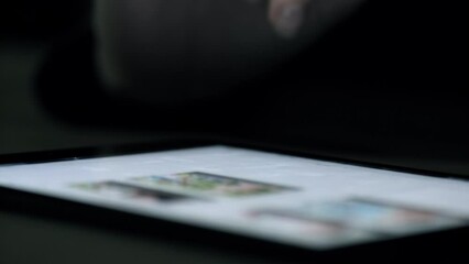 Poster - UI Search, night or hands with tablet for internet research, social media content or networking. Tech, online or hand scrolling on digital mobile screen for blog content review, gallery or website