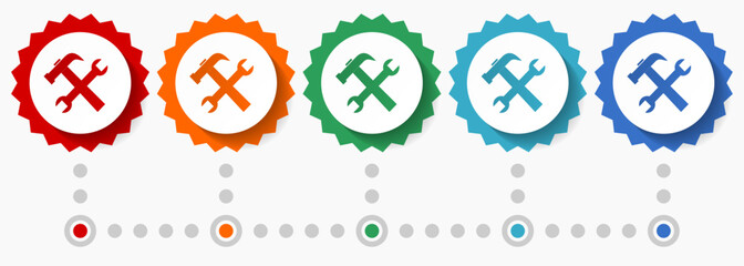 Aufkleber - Tools, service vector icon set, colorful infographic template, set of flat design badge icons in 5 color options