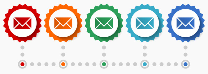 Poster - Email, envelope vector icon set, colorful infographic template, set of flat design badge icons in 5 color options