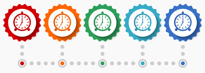 Poster - Alarm clock vector icon set, colorful infographic template, set of flat design badge icons in 5 color options