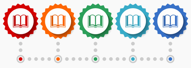 Leinwandbilder - Book vector icon set, colorful infographic template, set of flat design badge icons in 5 color options
