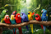 Vibrant Flock Of Tropical Birds Perched On Branches Ai Generated Art