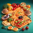 © Oscar - Grupo de comida saludable sobre fondo verde (Creado con IA Generativa)