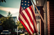 The 4th of July celebration Independence Day of USA. USA flag hangs on the flagpole of a modern typical american house. Dramatic light, backlit. AI generative
