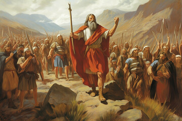 Moses leads Jews in the wilderness desert. Bible story