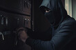 © MVProductions - Closeup of skillful professional masked burglar picking a lock. Unrecognizable person in black hoodie and mask. Criminal issues concept. Generative AI