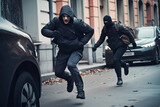 Fototapeta  - Thief running down the street with police officer chasing. Unrecognizable person in black hoodie and mask running away from police. Generative AI