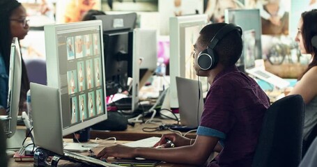 Poster - Photography editing scroll, computer app of black man working with headphones in a office. Photo editor work, creative content manager and employee planning a tech magazine layout for online website