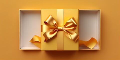 Gift box with golden satin ribbon and bow on yellow background. Holiday gift with copy space. Birthday or Christmas present, flat lay, top view. Christmas giftbox concept. AI generated.