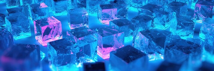 Poster - Neon ice cubes as abstract 3d geometry background illustration. Generative ai