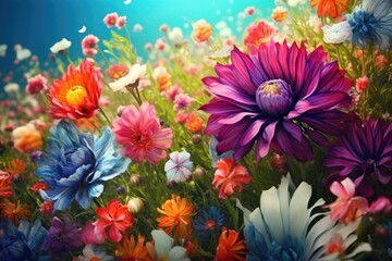 Wall Mural - Many colorful flowers blossoming in a meadow - AI Generated