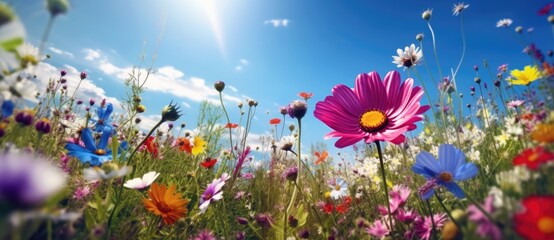 Wall Mural - Panoramic view of spring wild flowers in a meadow - AI Generated