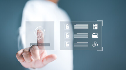 User authentication system with username and password by fingerscan, cybersecurity concept, Internet secure  access, Technology and cyber crime. Computer Information system security and encryption.