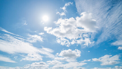 Wall Mural - panoramic view of clear blue sky and clouds, blue sky background with tiny clouds. white fluffy clou