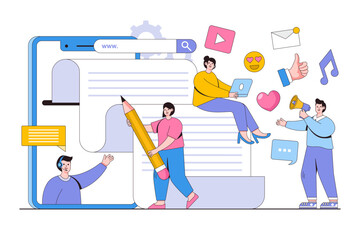 Poster - Vector illustration of online news, social networks, virtual communication, information search and company news with people characters