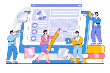 Poster - Vector illustration of success, reach a goal, employees study infographics, analyze evolutionary scale and online training with business people characters