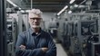 A smiling senior Swedish male electronic factory worker standing in factory. Generative AI AIG19.