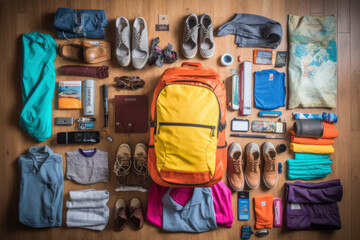 A cinematic-lit, birds-eye view of a vibrant, tech-filled summer packing list, meticulously arranged on the floor. With generative AI technology