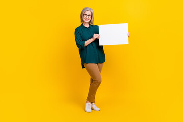 Sticker - Full length portrait of positive lady hands hold showing empty space paper blank isolated on yellow color background