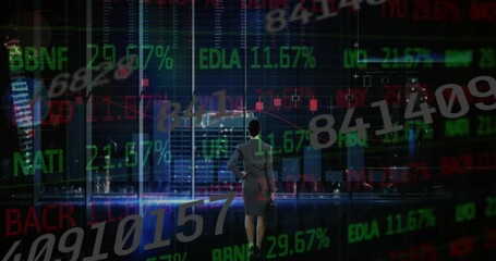 Poster - Animation of financial data processing over caucasian businesswoman