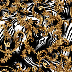 Seamless gold baroque with zebra texture, luxury gold pattern.