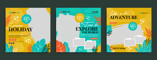 travel and tourism business marketing social media post template with agency logo and icon. holiday 