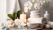 © Яна Ерік Татевосян - skin care spa set, decoration, candle and towels, oil bottle and green leaves and blossoms. Generative AI,